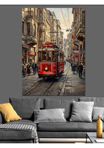 Yağmurlu Şehirde Kırmızı İstanbul Tramvayı Dekoratif Kanvas - Mdf Ahşap Tablo