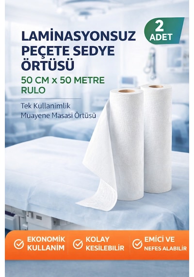 Laminasyonsuz Peçete Sedye Örtüsü 50 Cm X 50 Metre Rulo Tek Kullanımlık Muayene Masası Örtüsü 2 Adet