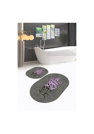 Buççin Online Mağaza Dijital Baskılı Kaymaz Taban Yıkanabilir Oval Banyo Takımı Klozet Takımı Polyester Gri Çok Renkli
