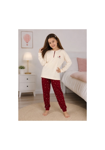 Formo Kız Çocuk %100 Doğal Pamuk Manşet Paça Uzun Kollu Pijama Takımı Ekru