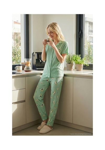 Lela Regular Fit Gömlek Yaka Kısa Kollu Bayan Pijama Takımı 65740102 Mint