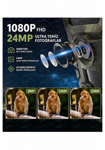Nvg Fotokapan 24MP 1080P Full HD Gece Görüşlü 3 Sensörlü IP66 Su Geçirmez Hızlı Tetikleme 120° Geniş Algılama Açısı