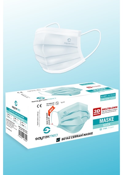 Saytekmed Meltblown Filtreli Yassı İpli 3 Katlı Beyaz Maske (1 Kutu - 50 Adet)