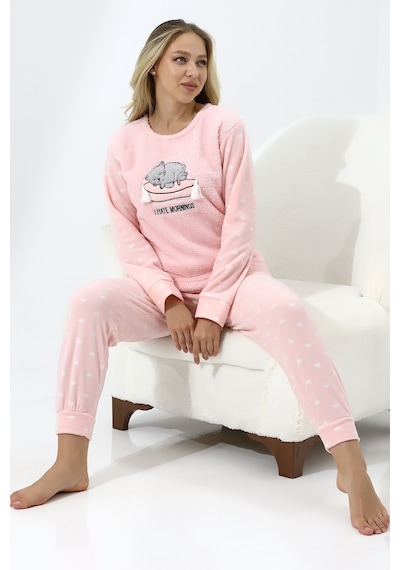 Wordex Fawn 5006 Peluş Welsoft Polar Kışlık Yumoş Kadın Pijama Takımı Uyuyan Kedili Pembe