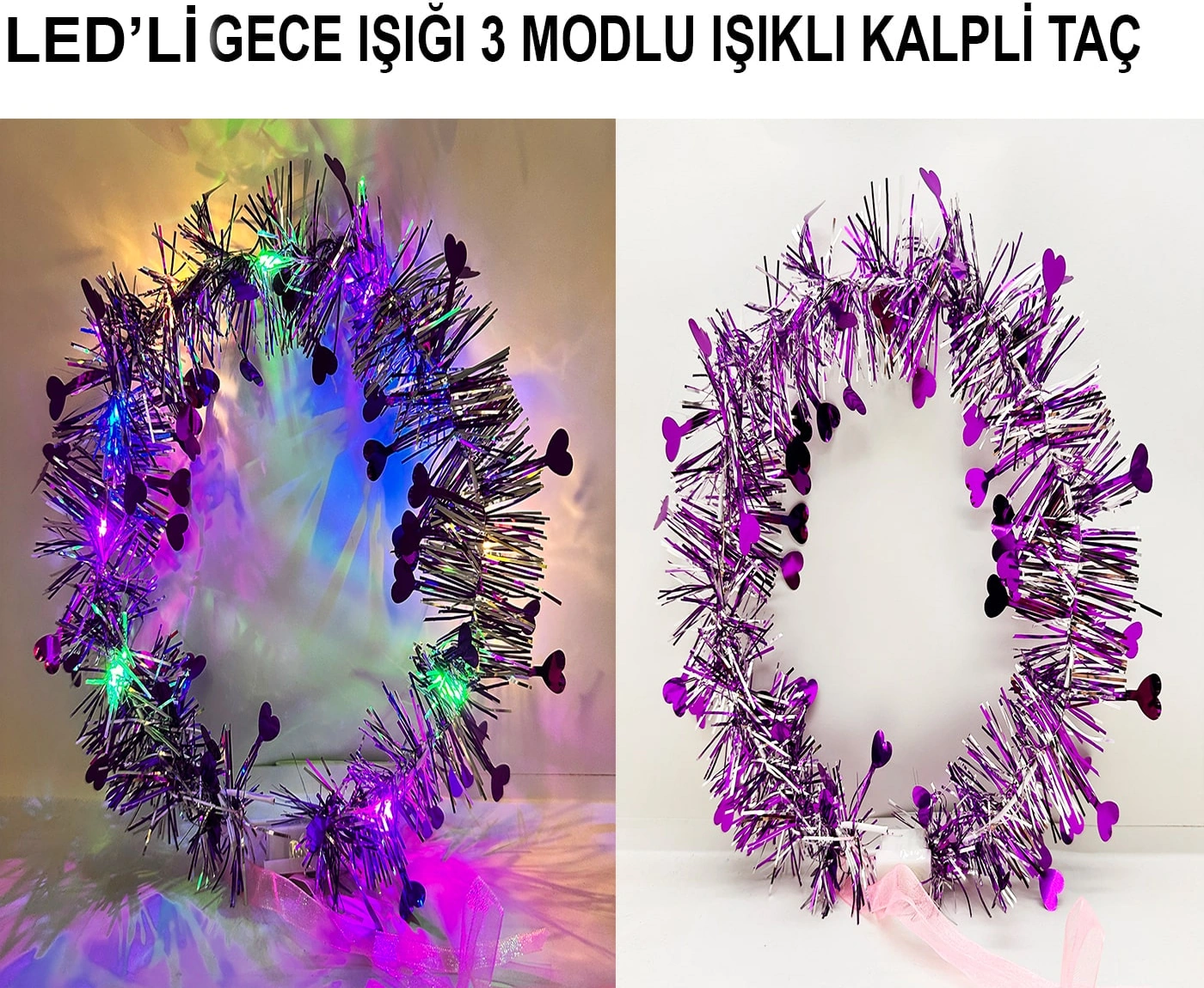 Kalp Püsküllü Gece Parıltısı 3 Modlu Led&amp 39 Li Işıklı Taç Mor Renk - Zmff-582126 18