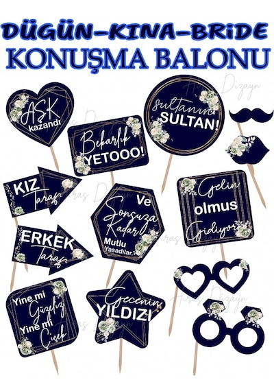 Lacivert Çiçekli Bride To Be Konuşma Balonu Seti 13 Parça