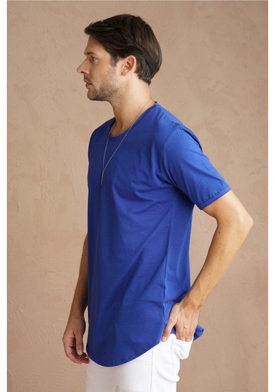 Cool Tarz Mavi Erkek Oval Kesim Slim Fit Pis Yaka Salaş T-shirt Mavi Mavi