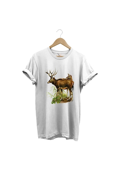 Avcılık Geyik Avcılığı Ve Doğa Baskılı Orman Temalı %100 Pamuk Regular Fit Beyaz T-shirt Beyaz