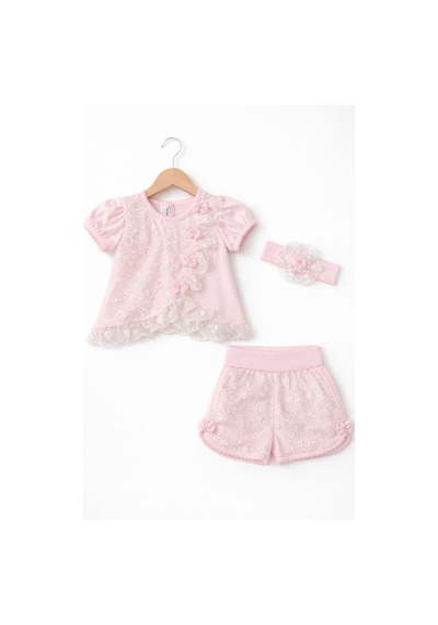 Kardeşler Bebe Kız Bebek Dantelli Şortlu Takım & Saç Bandı 3 Lü Pembe
