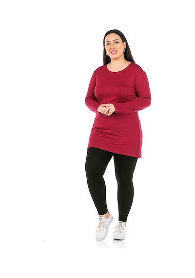Disentis Büyük Beden Yuvarlak Yaka Uzun Kollu Viskon Uzun Bordo Body