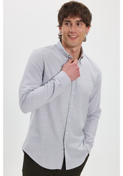 Tudors Erkek Slim Fit Dar Kesim %100 Pamuk Düğmeli Yaka Flam Keten Gri Gömlek-50272