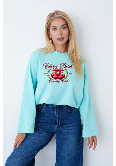 Medinenur Cherry Baskılı Tesettüre Uygun Uzun Kollu Body Yeşil