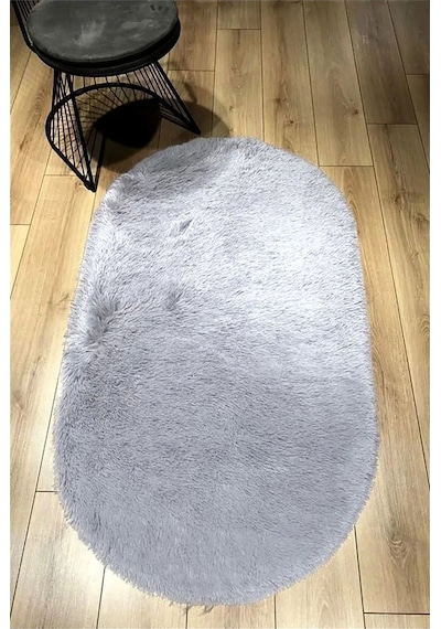 Raschel Carpet Oval Kesme Yolluk Kaymaz Taban Kalın Yumuşak Peluş Halı Özel Taban Açık Gri