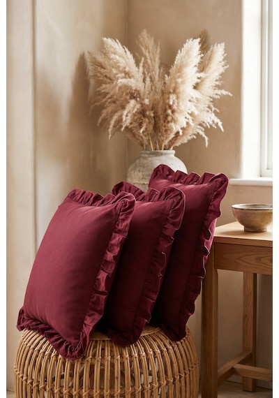 4 Lü Bordo Fırfırlı Dekoratif Kırlent Kılıfı %100 Pamuk 45x45 Cm