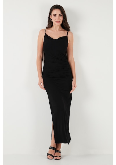 Lela Büzgü Detaylı Slim Fit Yırtmaçlı Uzun Boy Asimetrik Yaka Bayan Elbise 5866291 Siyah