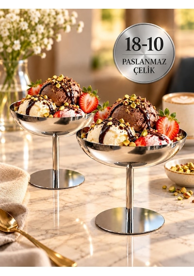 2 Adet 10 Cm 18/10 304 Paslanmaz Çelik Ayaklı Sunumluk Metal Çerezlik, Meyvelik Ve Dondurma Kasesi Çok Renkli