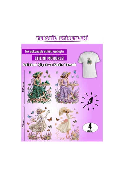 Ütü İle Yapışan Kıyafet Etiketi Kelebek Çiçek Ve Kadın Temalı 4lü Set Karışık