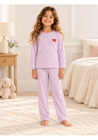 Luess Kız Çocuk Lila Puantiyeli Uzun Kollu Pijama Takımı