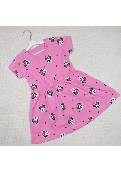 Momikon Minnie Mouse Desenli Fiyonk Detaylı Pamuklu Kız Çocuk Elbise Pembe
