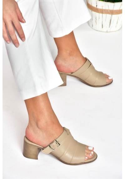 Fox Shoes P555450903 Vizon Hakiki Deri Kalın Topuklu Günlük Kadın Terlik