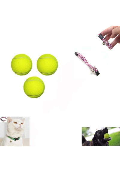 3 Adet Tenis Topu Köpek Oyun Topu Ve 1 Adet Zilli Ayarlanabilir Kedi Tasması