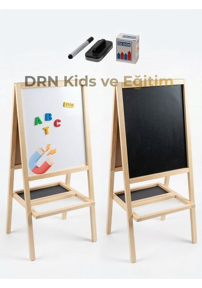 Drnkidsveeğitim Manyetik Çift Taraflı Yazı Tahtası 117 Parça Magnet,15 Renkli Tebeşir Silgi Ve Kalem Ahşap