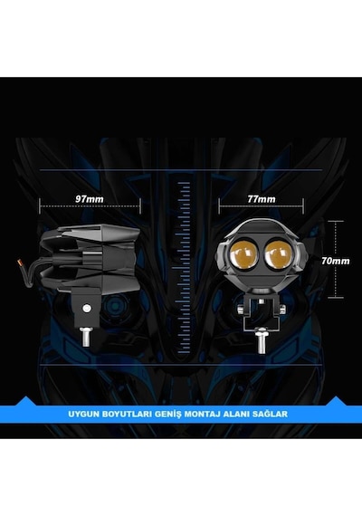 2 Adet Motosiklet Çift Göz Led Lazer Sis Farı Delici Beyaz Sarı Çift Renk 12-80 Volt