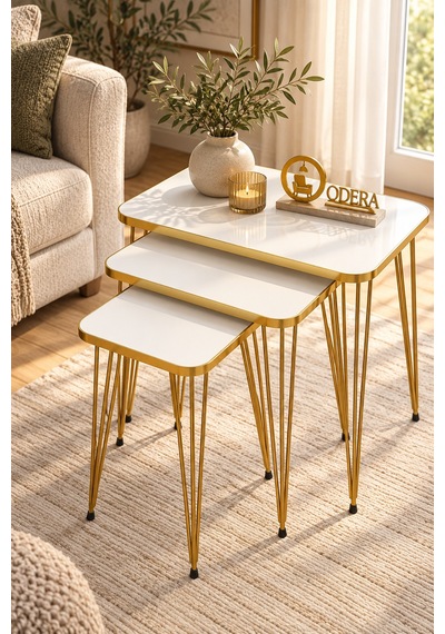 Odera Beyaz Tel Zigon Sehpa 3'lü Set Metal Ayaklı Modern Retro Salon Sehpası Diğer