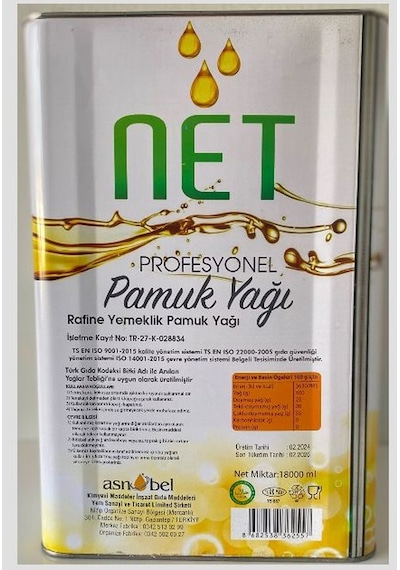 Net Rafine Pamuk Yağı 18 L