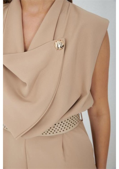 Neşeli Butik Kadın Bej Degaje Yaka Kemerli Kolsuz Geniş Paça Tulum Nbmy4030