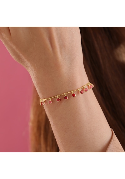 Queen Silver Jewelry 925 Ayar Gümüş Kırmızı Renk Geçişli Top Zincirli Bileklik Altın