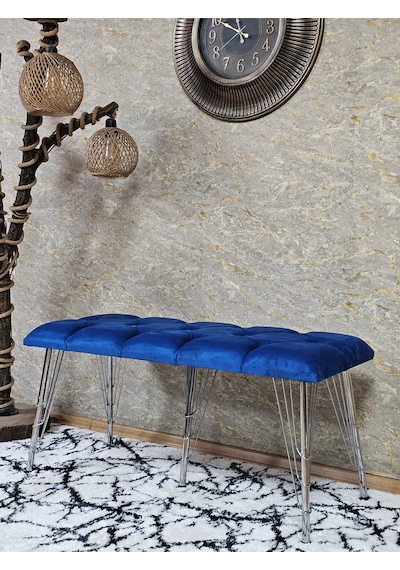 Zafir Metal Krom Tel Ayaklı 100 Cm Puf Bench - Puf - Bench - Oturak - Mutfak Oturağı - Antre Oturağı Mavi