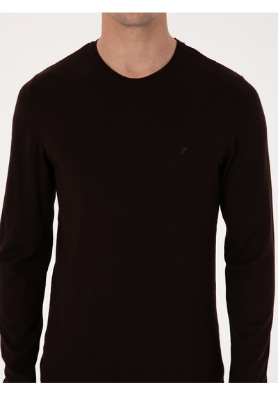 Cacharel Kahverengi Slim Fit Pamuk Karışımlı Bisiklet Yaka Basic Triko Kazak
