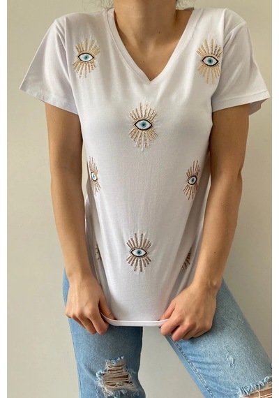 Cassime Kadın Beyaz V Yaka Göz Pul Ve Nakış Işlemeli Tişört S-m-l-xl-2xl-3xl