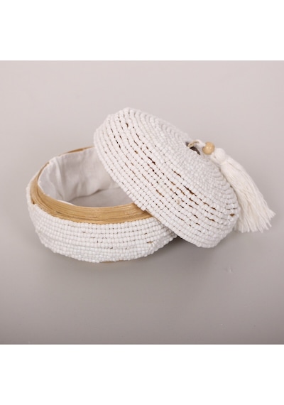 Bali Boncuklu Bambu Saklama Kutusu 16x10 Cm Beyaz