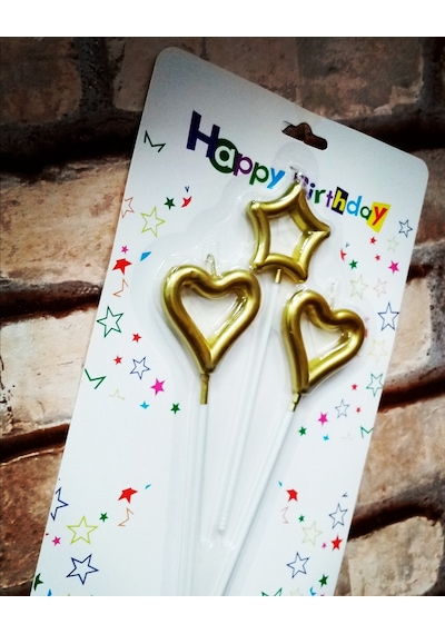 Vıp Gold Heart Candle 2 Adet Metalik Gold Kalpli Pasta Mumu 1 Adet Yıldız Mum Kalpli Doğum Günü Mumu Renkli