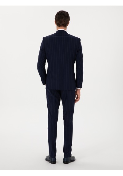 Cacharel Koyu Lacivert Slim Fit Çizgili Kırlangıç Yaka Yün Takım Elbise