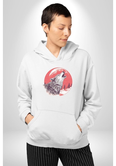 Uluyan Beyaz Kurt Kadın Erkek Beyaz Kapüşonlu Sweatshirt Hoodie Beyaz