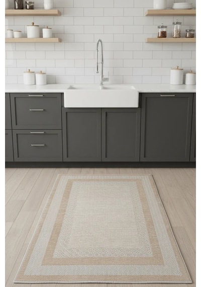 Beyaz Bej Modern Yıkanabilir Antibakteriyel Salon Halısı - Yo11543b Beyaz - Bej