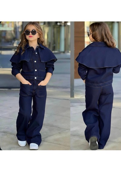 Kız Çocuk 3 Parça Kot Pelerin Detaylı Ceketli Denimtakım 25179 Lacivert