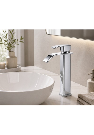 Krom Şelale Lavabo Bataryası Uzun Çanak Lavabo Musluğu Modern Çift Su Girişli Banyo Armatürü Paslanmaz Faucet Siyah