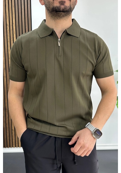 Erkek Slim Fit Fermuarlı Polo Yaka Tişört Haki Edw452 Haki