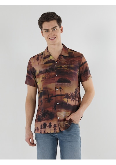 Colin's Regular Fit Shirt Neck Palmiye Desenli Turuncu Erkek Kısa Kol Gömlek CL1057831_Q1.V1_COR Kahverengi