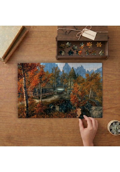 Sonbahar - Ormanda Kulübe - Manzara Tasarımı 240 Parça Ahşap Puzzle Ahşap Kutuda Mpy20413
