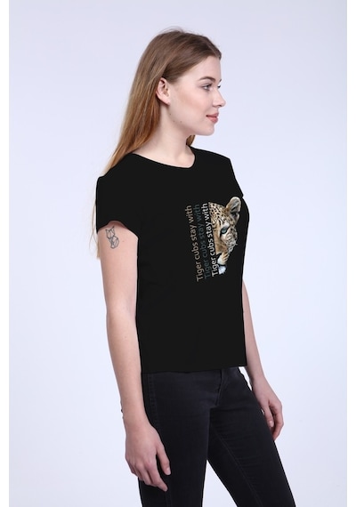 Kadın Siyah Ön/Arka Tiger Baskılı V Yaka Tshirt Siyah