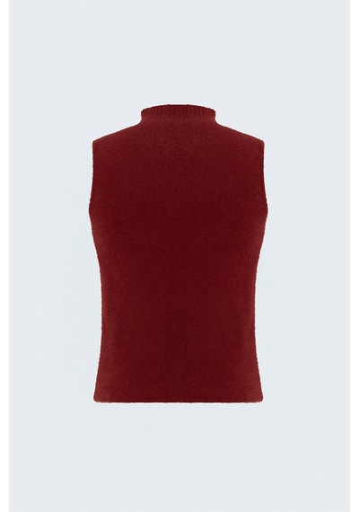 Sateen Sıfır Kol Sakallı Triko Bluz - Kırmızı-137818