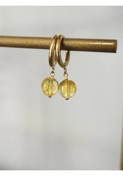 Sitrin Taşı Gold Çelik Halka Küpe Sarı