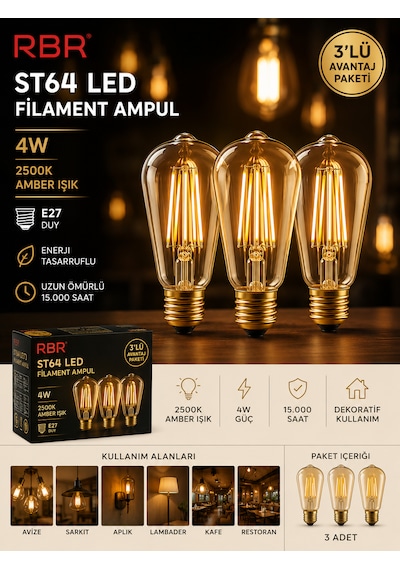 Rbr St64 Led Filament Armut Ampul E27 4w 2500k Amber Rustik 3 Lü Paket 3'Lü Paket
