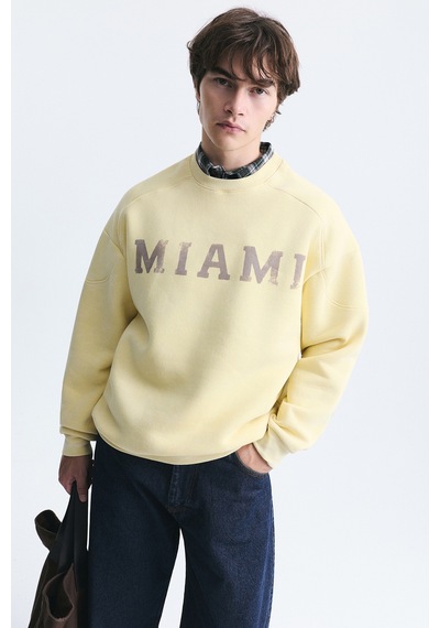 Vamos Miami Baskılı Bisiklet Yaka Sweatshirt Sarı