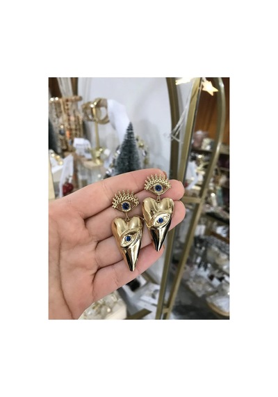 Mavi Boncuk Detaylı Göz Model Gold Küpe Altın